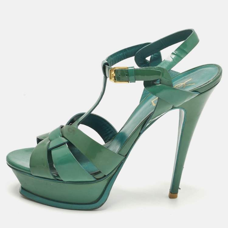 Pre Owned Saint Laurent Tribute Size 37 Green Patent Leather Ankle Strap Sandals
