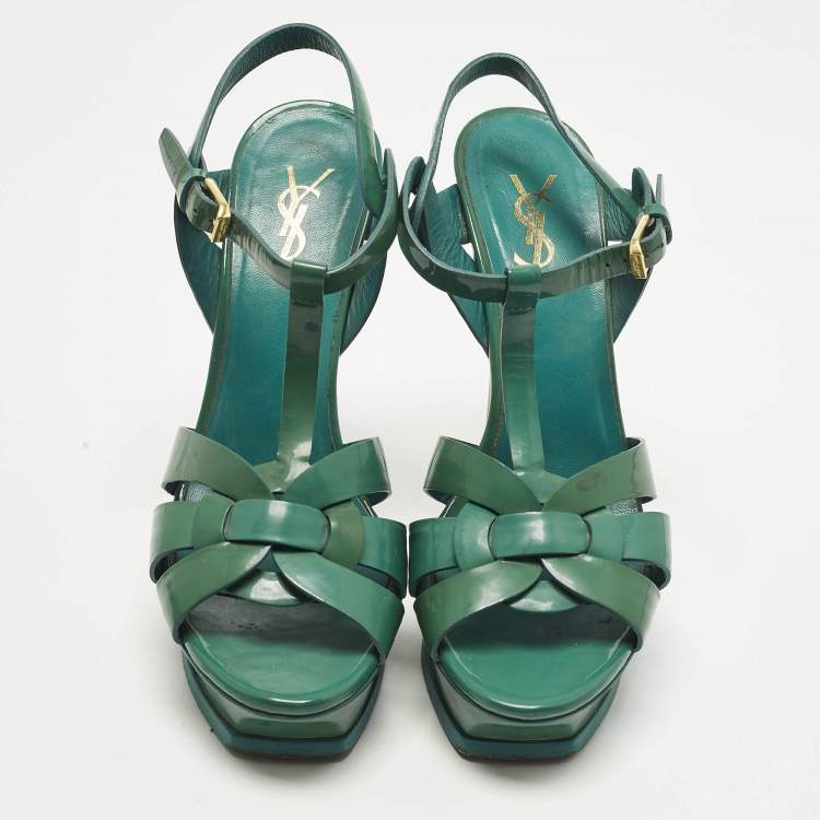Pre Owned Saint Laurent Tribute Size 37 Green Patent Leather Ankle Strap Sandals