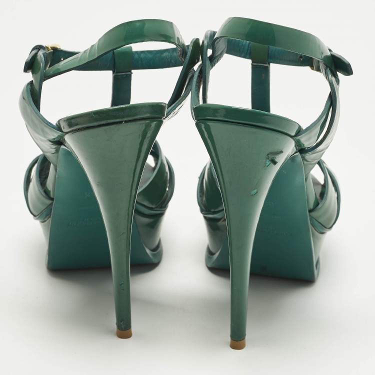 Pre Owned Saint Laurent Tribute Size 37 Green Patent Leather Ankle Strap Sandals