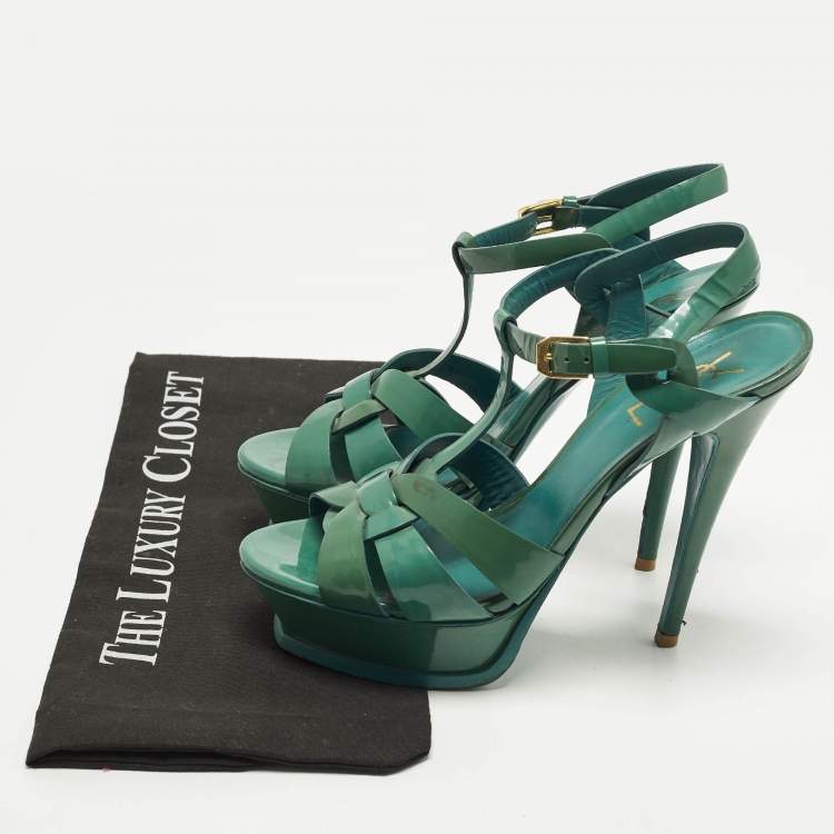 Pre Owned Saint Laurent Tribute Size 37 Green Patent Leather Ankle Strap Sandals