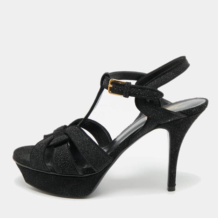 Pre Owned Saint Laurent Tribute Size 38 Black Texture Suede Ankle Strap Sandals