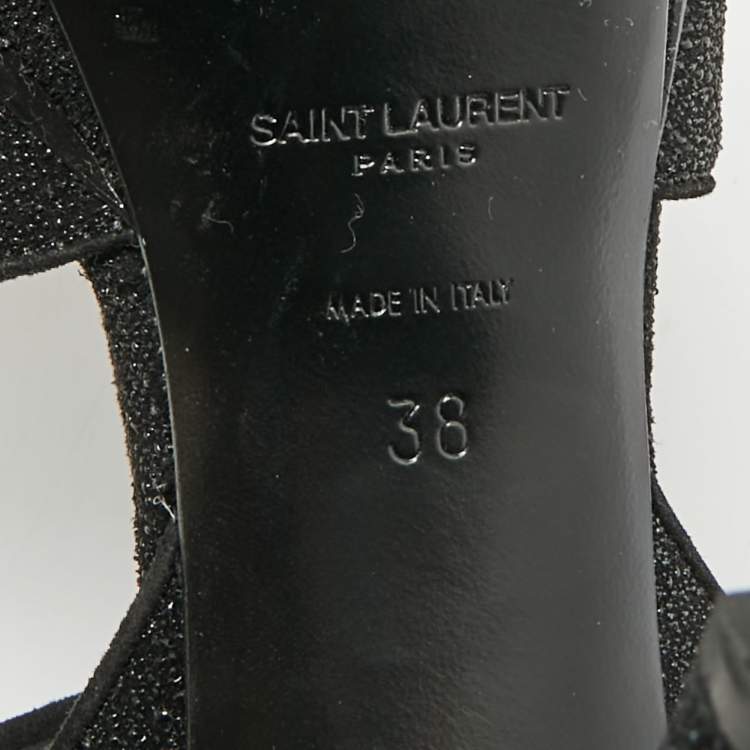 Pre Owned Saint Laurent Tribute Size 38 Black Texture Suede Ankle Strap Sandals