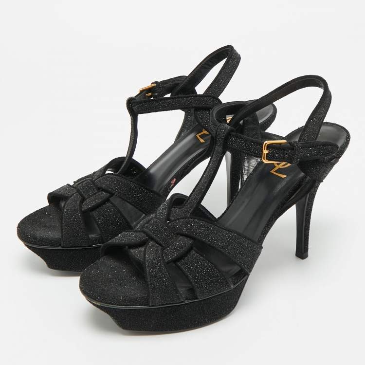 Pre Owned Saint Laurent Tribute Size 38 Black Texture Suede Ankle Strap Sandals