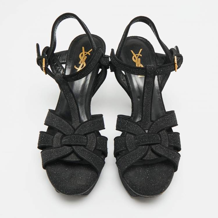 Pre Owned Saint Laurent Tribute Size 38 Black Texture Suede Ankle Strap Sandals