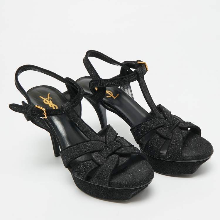 Pre Owned Saint Laurent Tribute Size 38 Black Texture Suede Ankle Strap Sandals