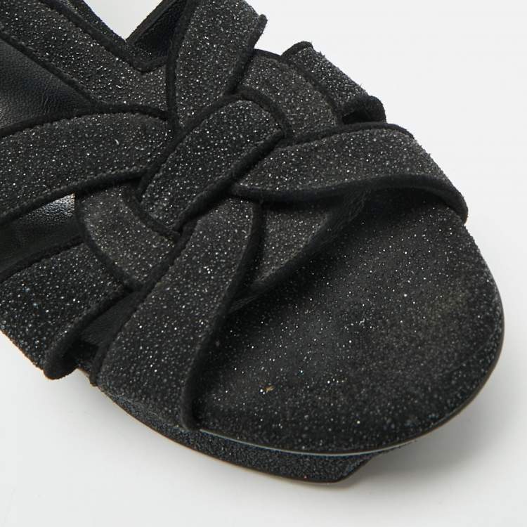 Pre Owned Saint Laurent Tribute Size 38 Black Texture Suede Ankle Strap Sandals