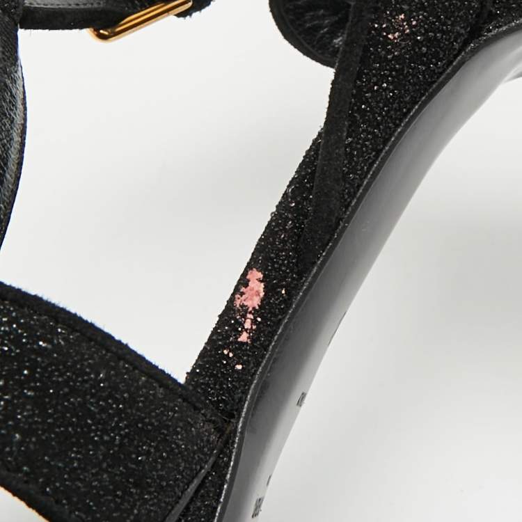 Pre Owned Saint Laurent Tribute Size 38 Black Texture Suede Ankle Strap Sandals