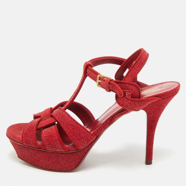 Pre Owned Saint Laurent Tribute Size 38 Red Texture Suede Platform Ankle Strap Sandals