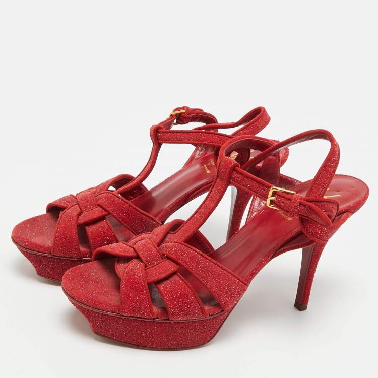 Pre Owned Saint Laurent Tribute Size 38 Red Texture Suede Platform Ankle Strap Sandals