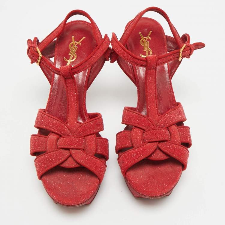 Pre Owned Saint Laurent Tribute Size 38 Red Texture Suede Platform Ankle Strap Sandals