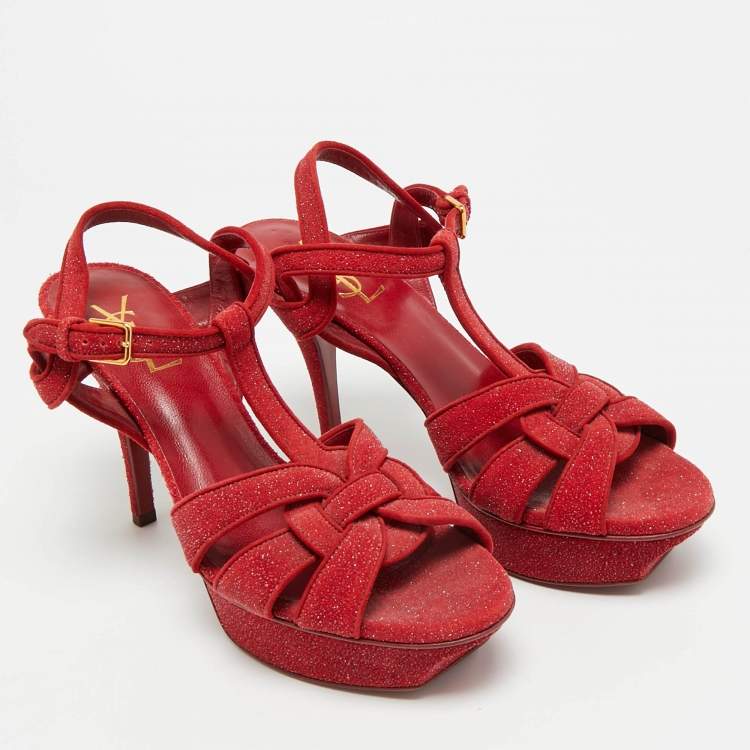 Pre Owned Saint Laurent Tribute Size 38 Red Texture Suede Platform Ankle Strap Sandals