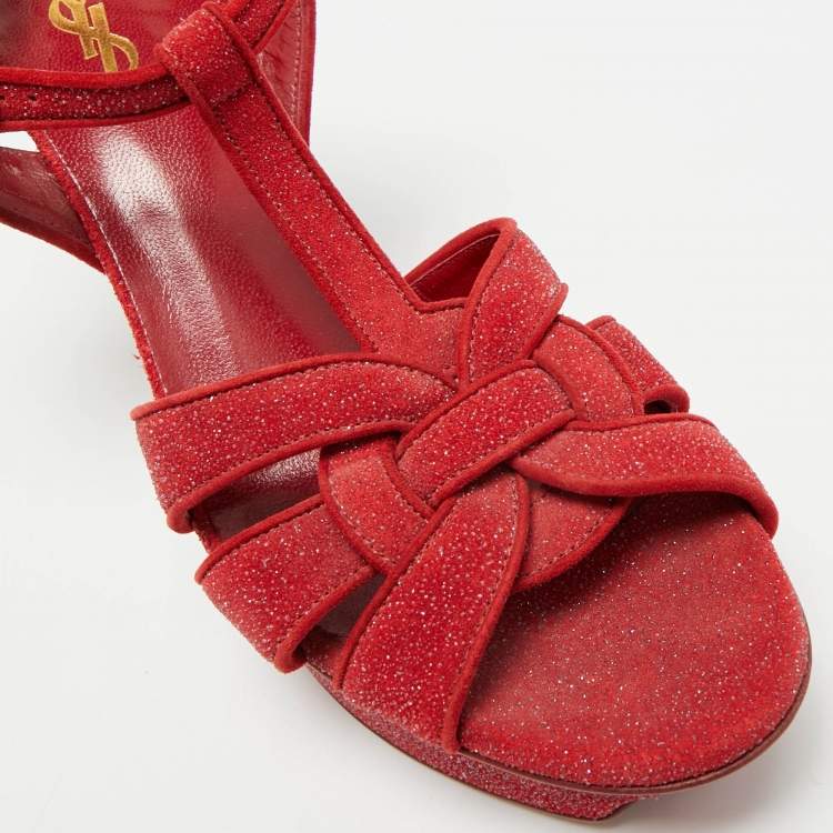 Pre Owned Saint Laurent Tribute Size 38 Red Texture Suede Platform Ankle Strap Sandals