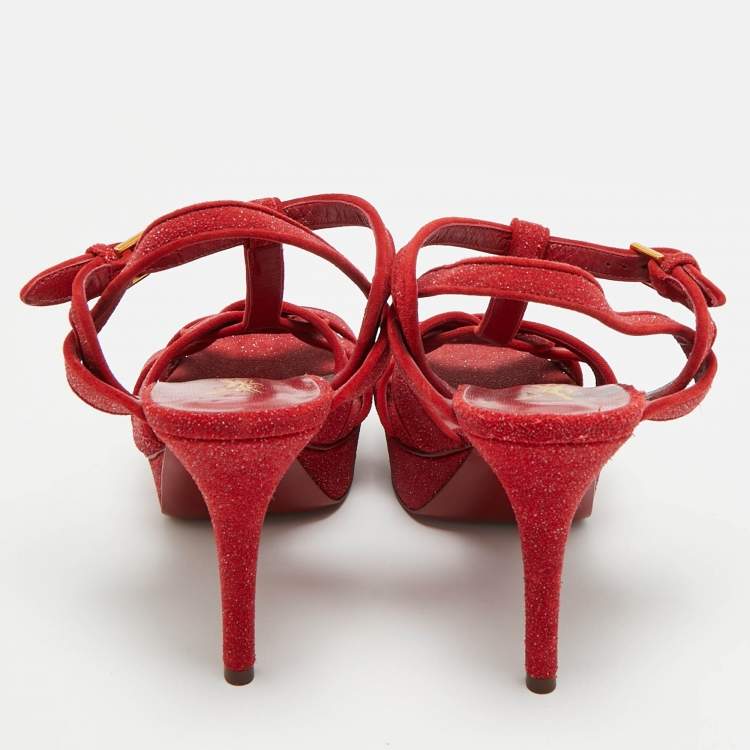 Pre Owned Saint Laurent Tribute Size 38 Red Texture Suede Platform Ankle Strap Sandals