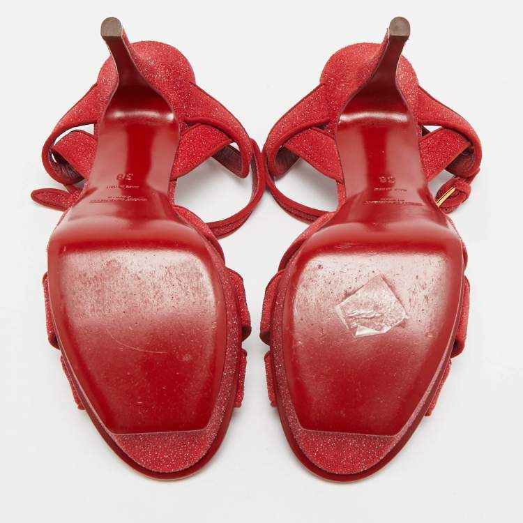 Pre Owned Saint Laurent Tribute Size 38 Red Texture Suede Platform Ankle Strap Sandals