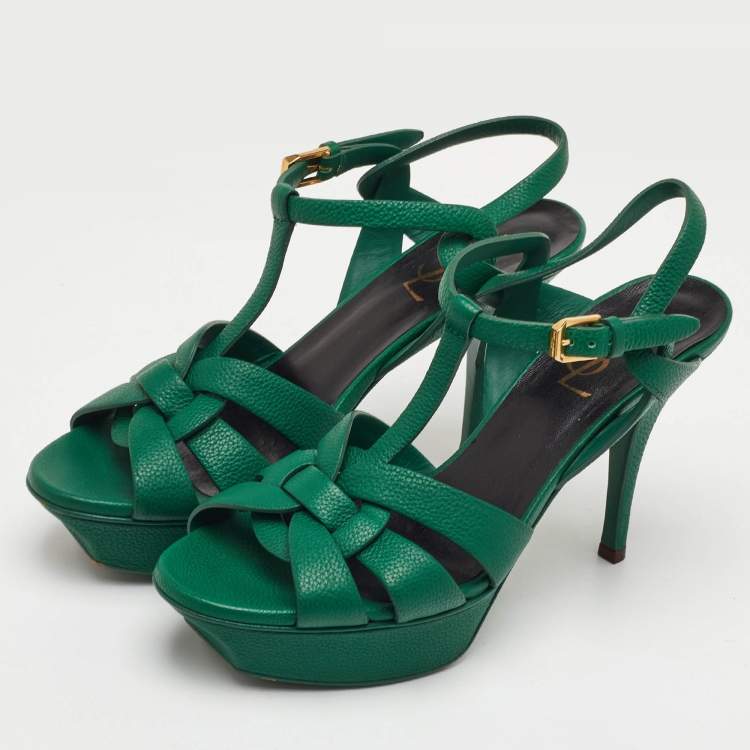 Pre Owned Saint Laurent Tribute Size 38 Dark Green Leather Platform Sandals