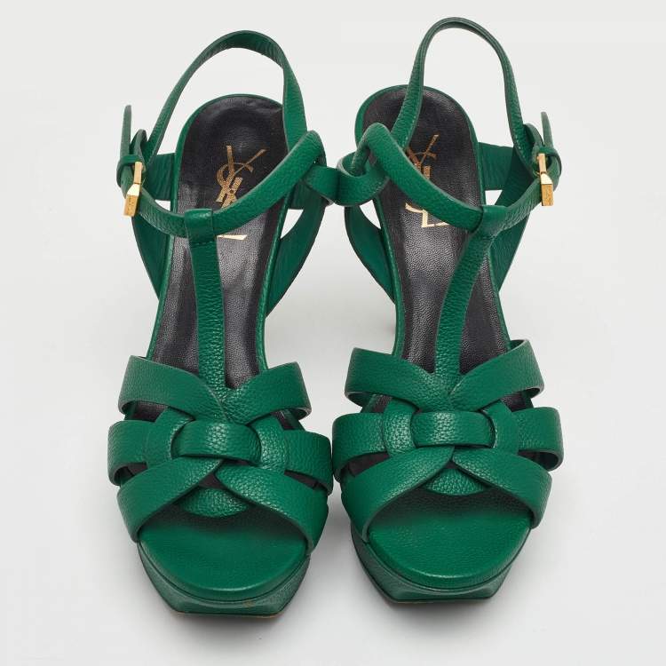Pre Owned Saint Laurent Tribute Size 38 Dark Green Leather Platform Sandals