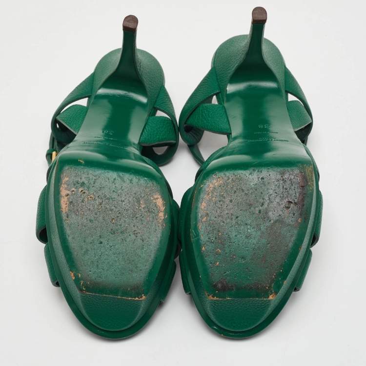 Pre Owned Saint Laurent Tribute Size 38 Dark Green Leather Platform Sandals
