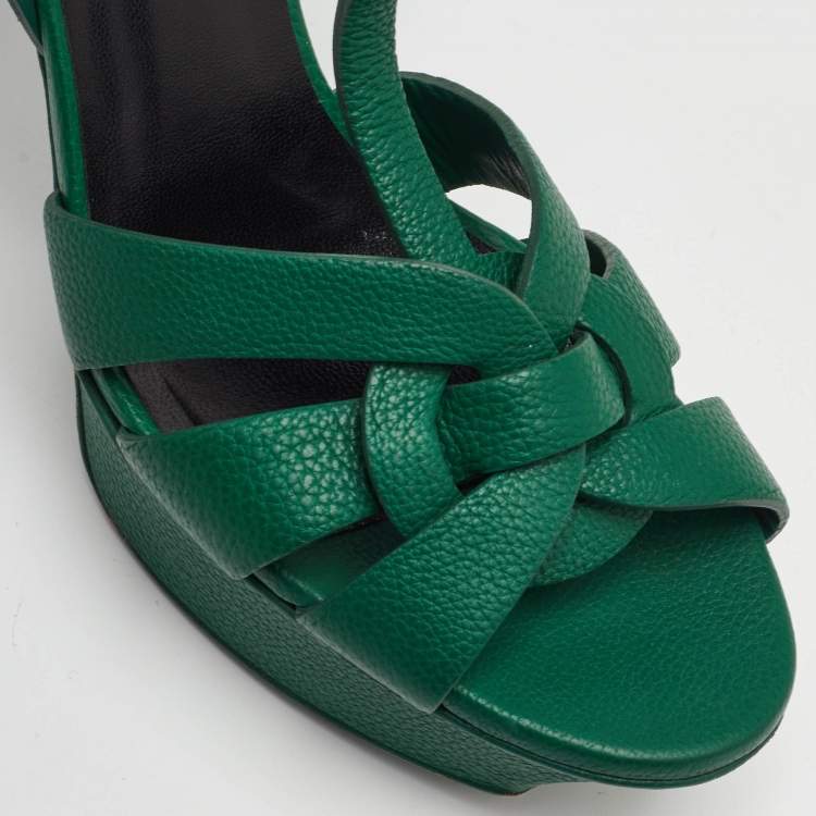 Pre Owned Saint Laurent Tribute Size 38 Dark Green Leather Platform Sandals