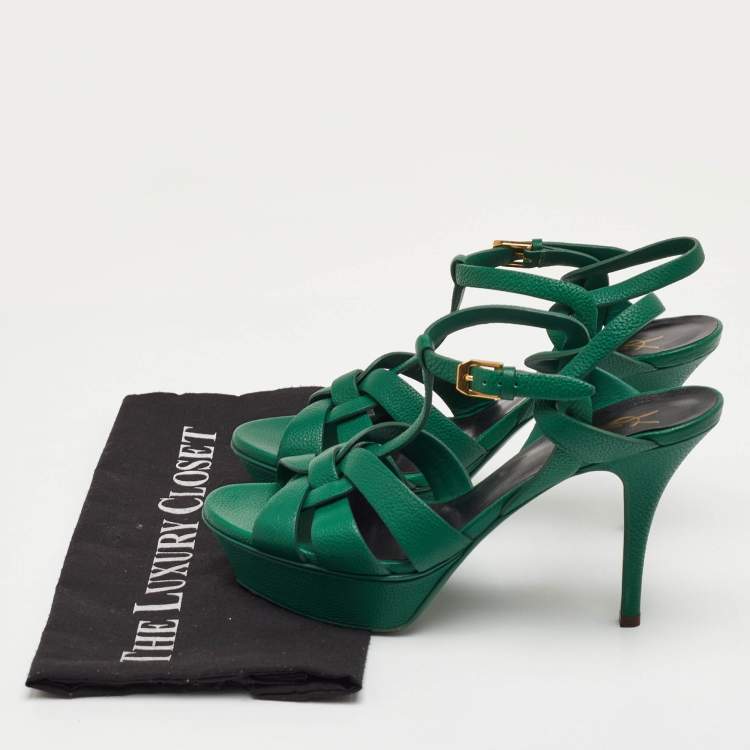Pre Owned Saint Laurent Tribute Size 38 Dark Green Leather Platform Sandals