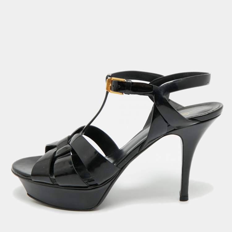 Pre Owned Saint Laurent Tribute Size 38.5 Black Patent Leather Ankle Strap Sandals