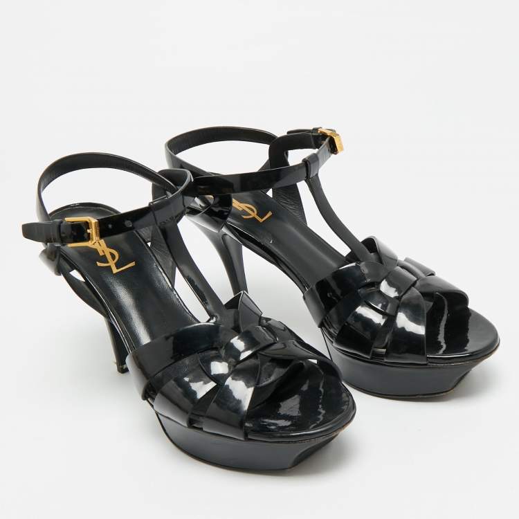 Pre Owned Saint Laurent Tribute Size 38.5 Black Patent Leather Ankle Strap Sandals