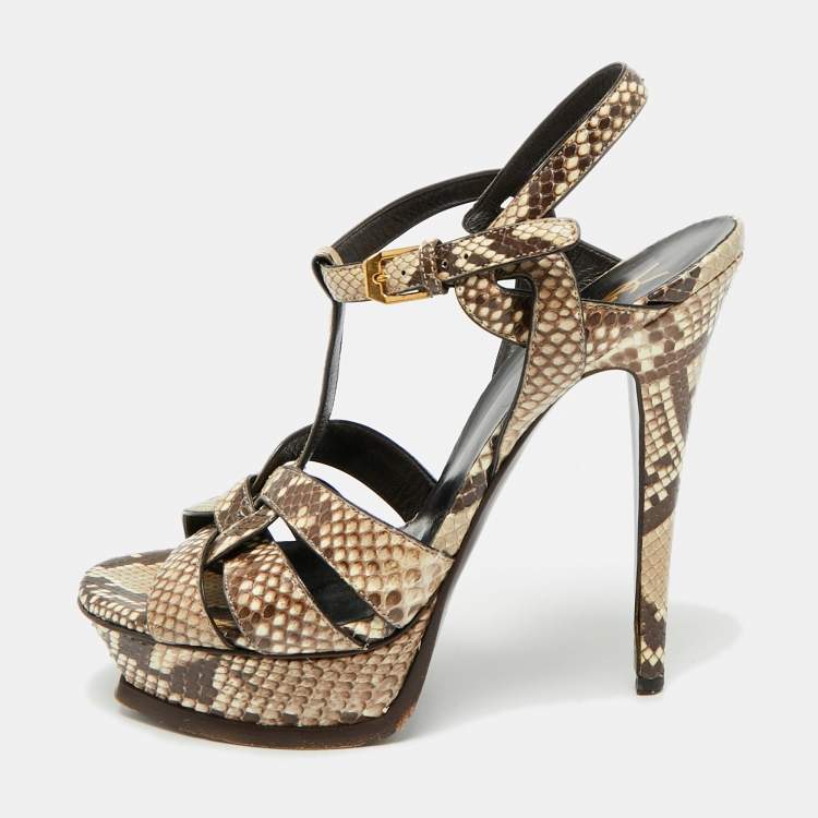 Pre Owned Saint Laurent Tribute Size 39 Dark Brown/Beige Python Leather Ankle Strap Sandals