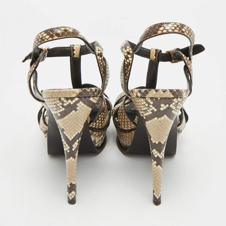Pre Owned Saint Laurent Tribute Size 39 Dark Brown/Beige Python Leather Ankle Strap Sandals