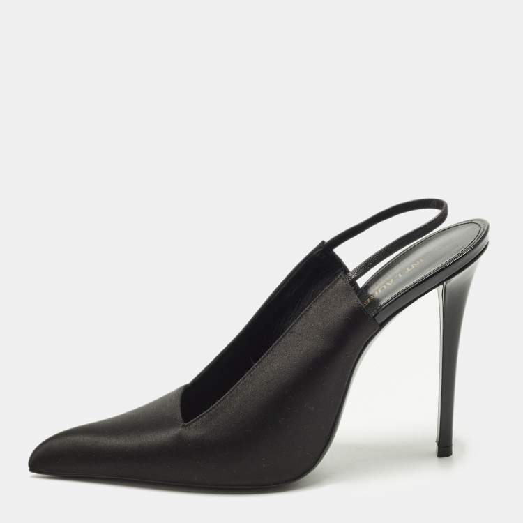 Pre Owned Saint Laurent Paris Raven Size 39 Black Satin Slingback Pumps