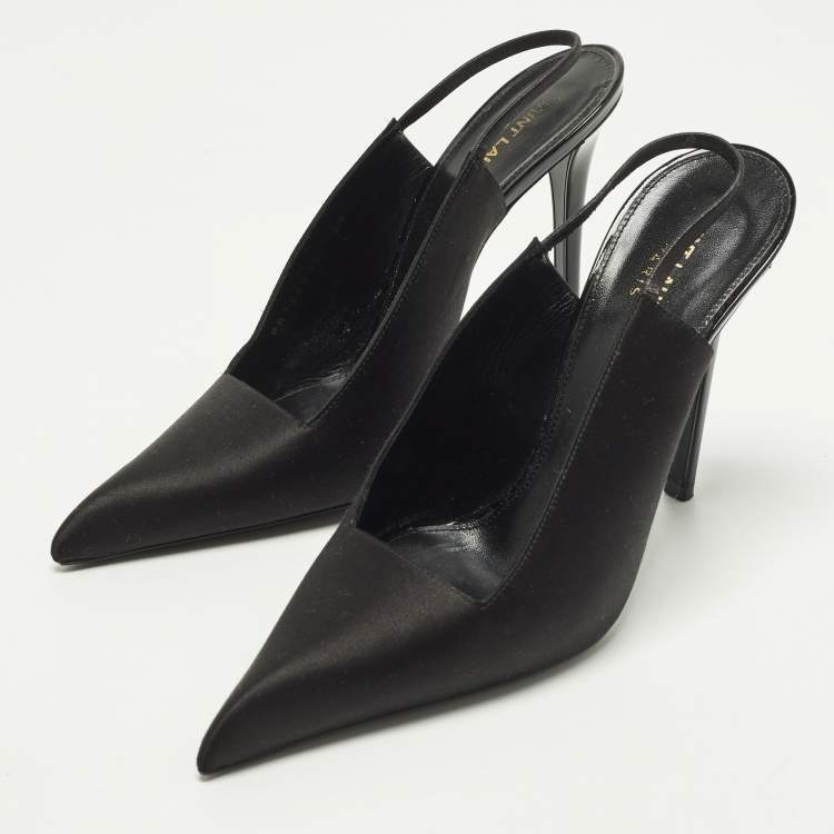 Pre Owned Saint Laurent Paris Raven Size 39 Black Satin Slingback Pumps