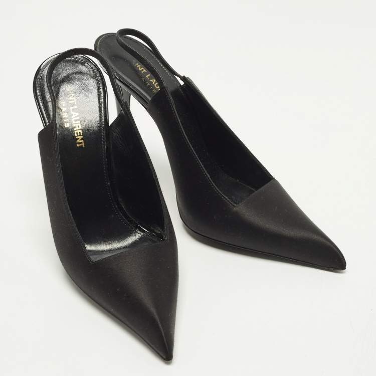 Pre Owned Saint Laurent Paris Raven Size 39 Black Satin Slingback Pumps