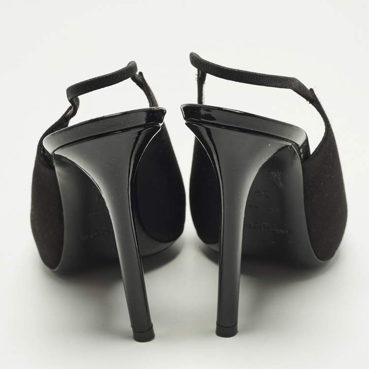 Pre Owned Saint Laurent Paris Raven Size 39 Black Satin Slingback Pumps