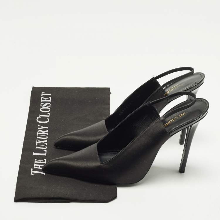 Pre Owned Saint Laurent Paris Raven Size 39 Black Satin Slingback Pumps