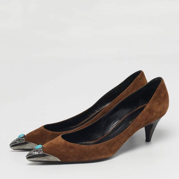 Pre Owned Saint Laurent Zoe Size 40.5 Brown Suede Metal Pointed Toe Pumps