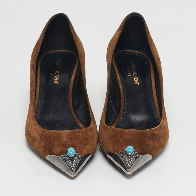 Pre Owned Saint Laurent Zoe Size 40.5 Brown Suede Metal Pointed Toe Pumps