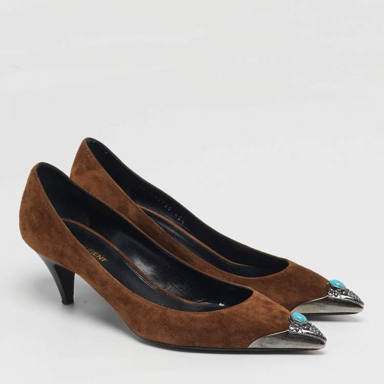 Pre Owned Saint Laurent Zoe Size 40.5 Brown Suede Metal Pointed Toe Pumps
