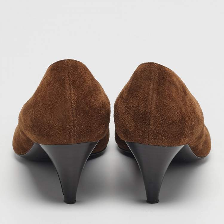 Pre Owned Saint Laurent Zoe Size 40.5 Brown Suede Metal Pointed Toe Pumps