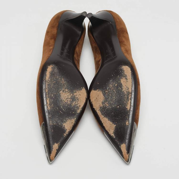 Pre Owned Saint Laurent Zoe Size 40.5 Brown Suede Metal Pointed Toe Pumps