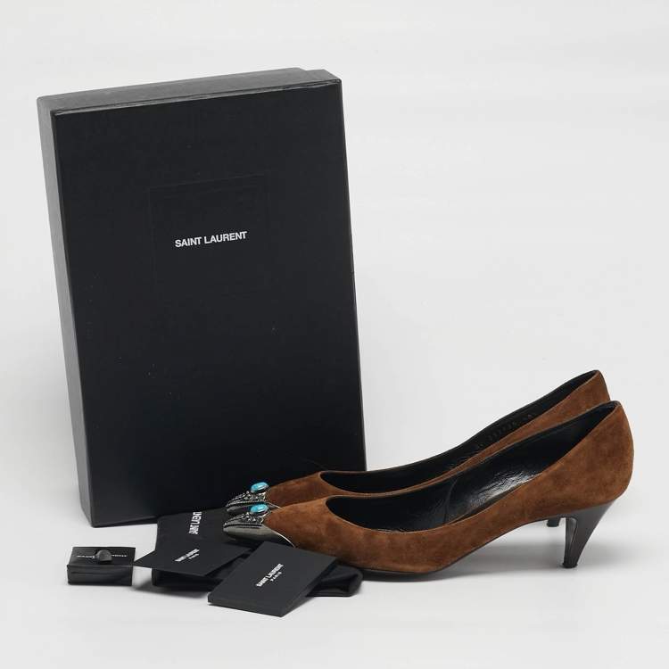 Pre Owned Saint Laurent Zoe Size 40.5 Brown Suede Metal Pointed Toe Pumps