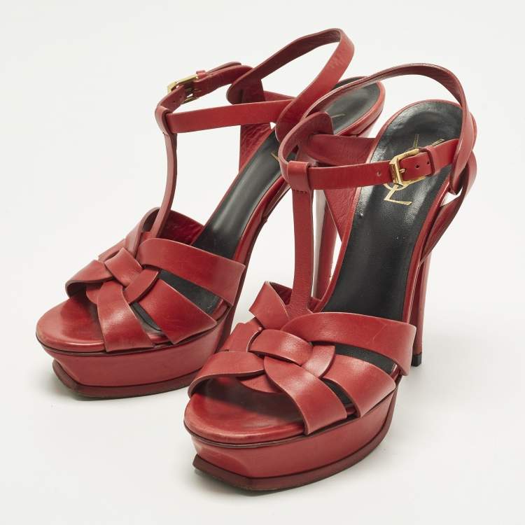 Pre Owned Saint Laurent Tribute Size 39 Red Leather Ankle Strap Sandals