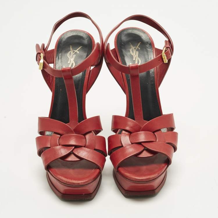 Pre Owned Saint Laurent Tribute Size 39 Red Leather Ankle Strap Sandals