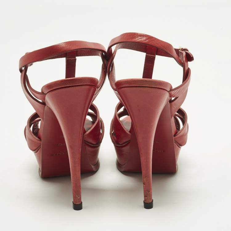 Pre Owned Saint Laurent Tribute Size 39 Red Leather Ankle Strap Sandals