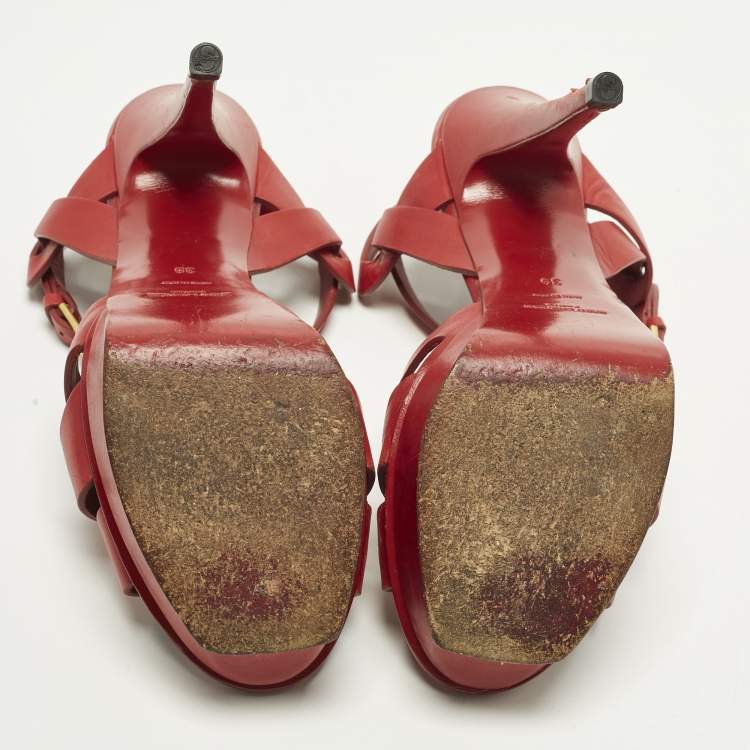 Pre Owned Saint Laurent Tribute Size 39 Red Leather Ankle Strap Sandals