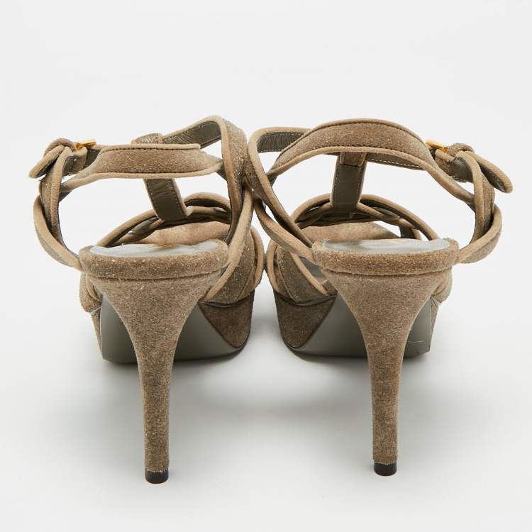 Pre Owned Saint Laurent Tribute Size 38 Grey Texture Suede Platform Sandals