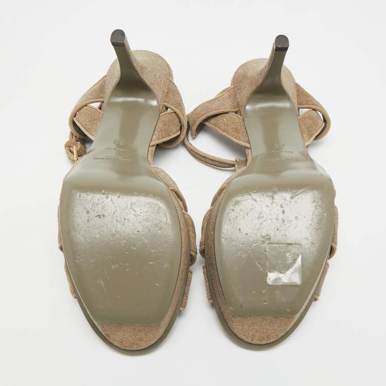 Pre Owned Saint Laurent Tribute Size 38 Grey Texture Suede Platform Sandals