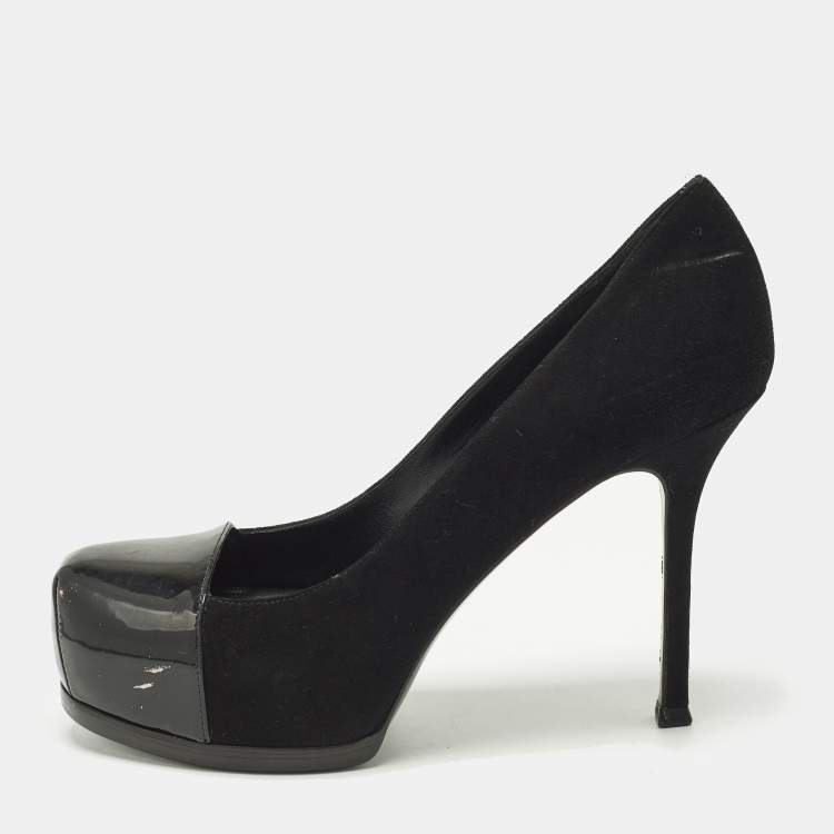 Pre Owned Saint Laurent Tribtoo Size 38 Black Patent Leather and Suede Platform Pumps