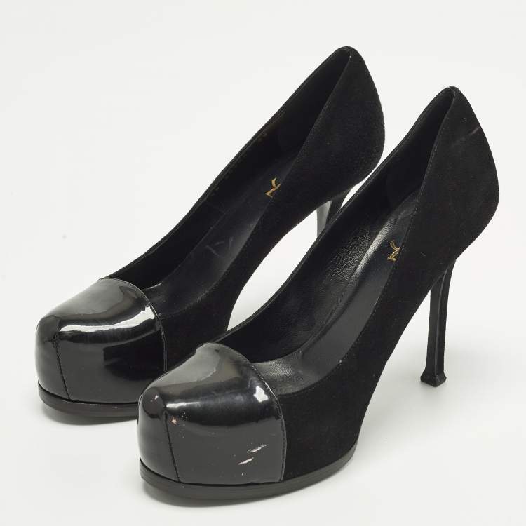 Pre Owned Saint Laurent Tribtoo Size 38 Black Patent Leather and Suede Platform Pumps