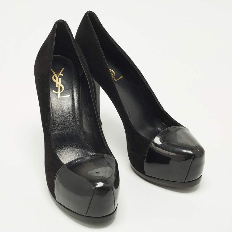 Pre Owned Saint Laurent Tribtoo Size 38 Black Patent Leather and Suede Platform Pumps