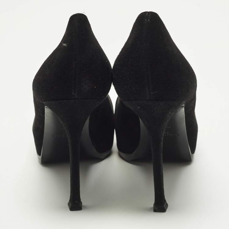 Pre Owned Saint Laurent Tribtoo Size 38 Black Patent Leather and Suede Platform Pumps