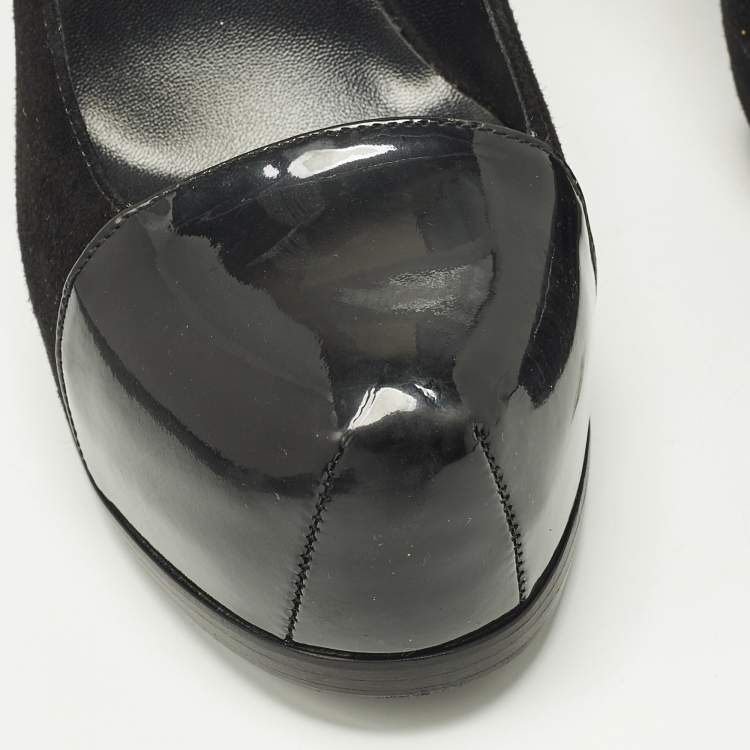 Pre Owned Saint Laurent Tribtoo Size 38 Black Patent Leather and Suede Platform Pumps