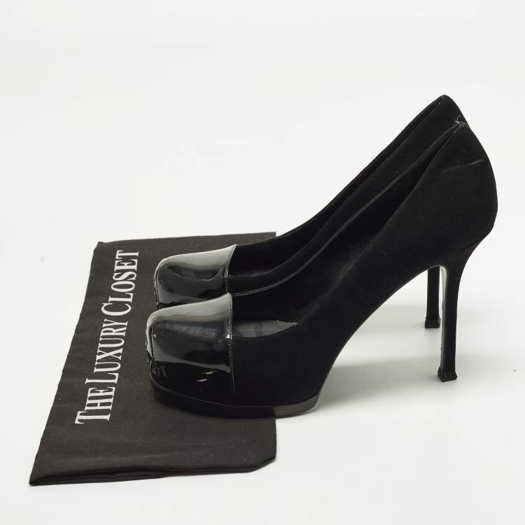 Pre Owned Saint Laurent Tribtoo Size 38 Black Patent Leather and Suede Platform Pumps